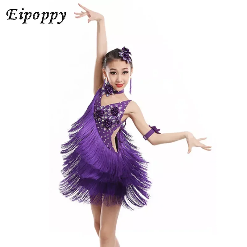 ชุดเต้นรำงานบอลรูมสำหรับเด็กผู้หญิงชุดเดรสสีแดงประดับพู่ซัลซ่า