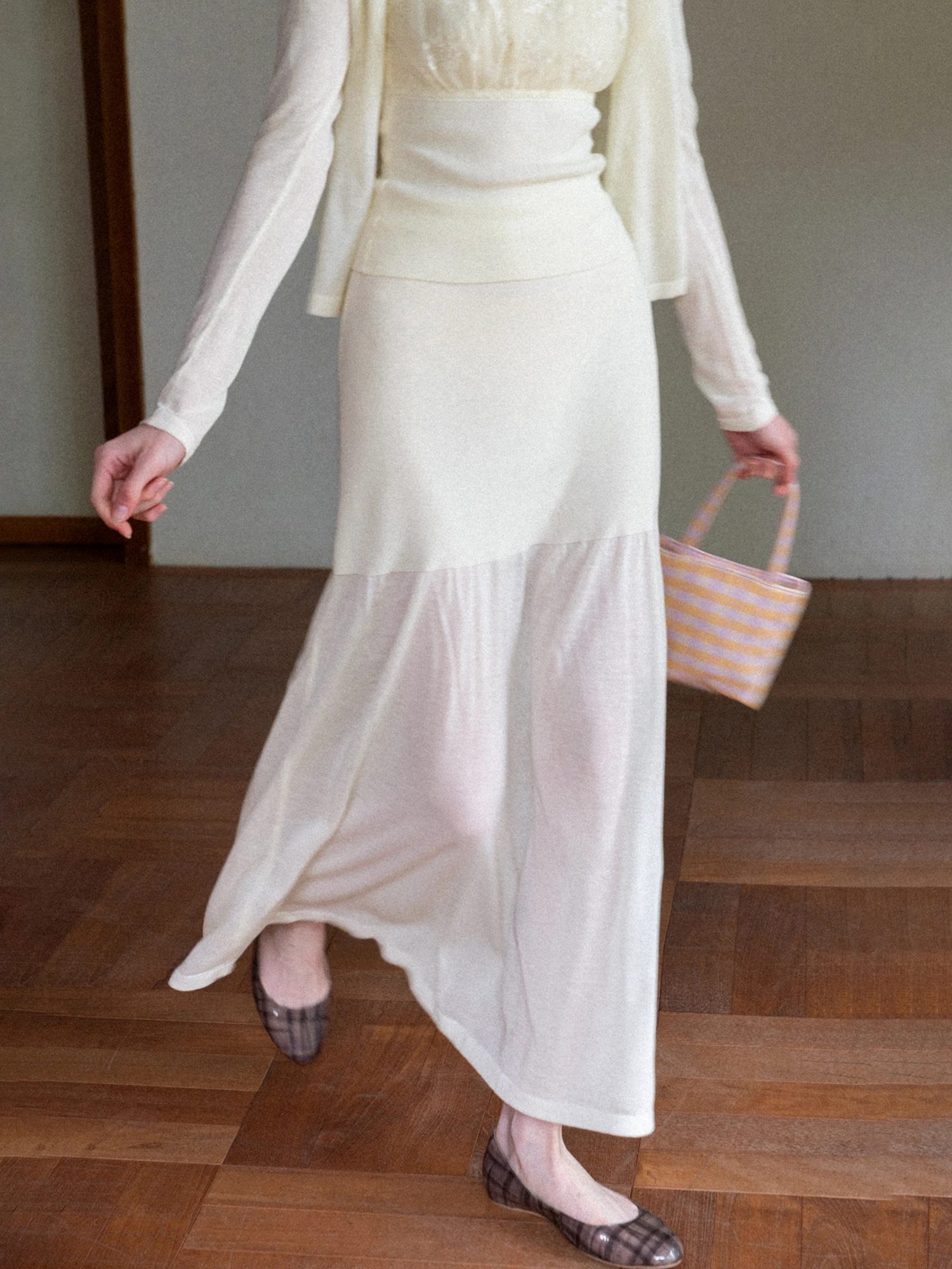 EGGKA Gentle Wind Semi-Transparent Knitted Long A-Line Skirt Women's High Waist Korean Style Pure Color Summer Skirt