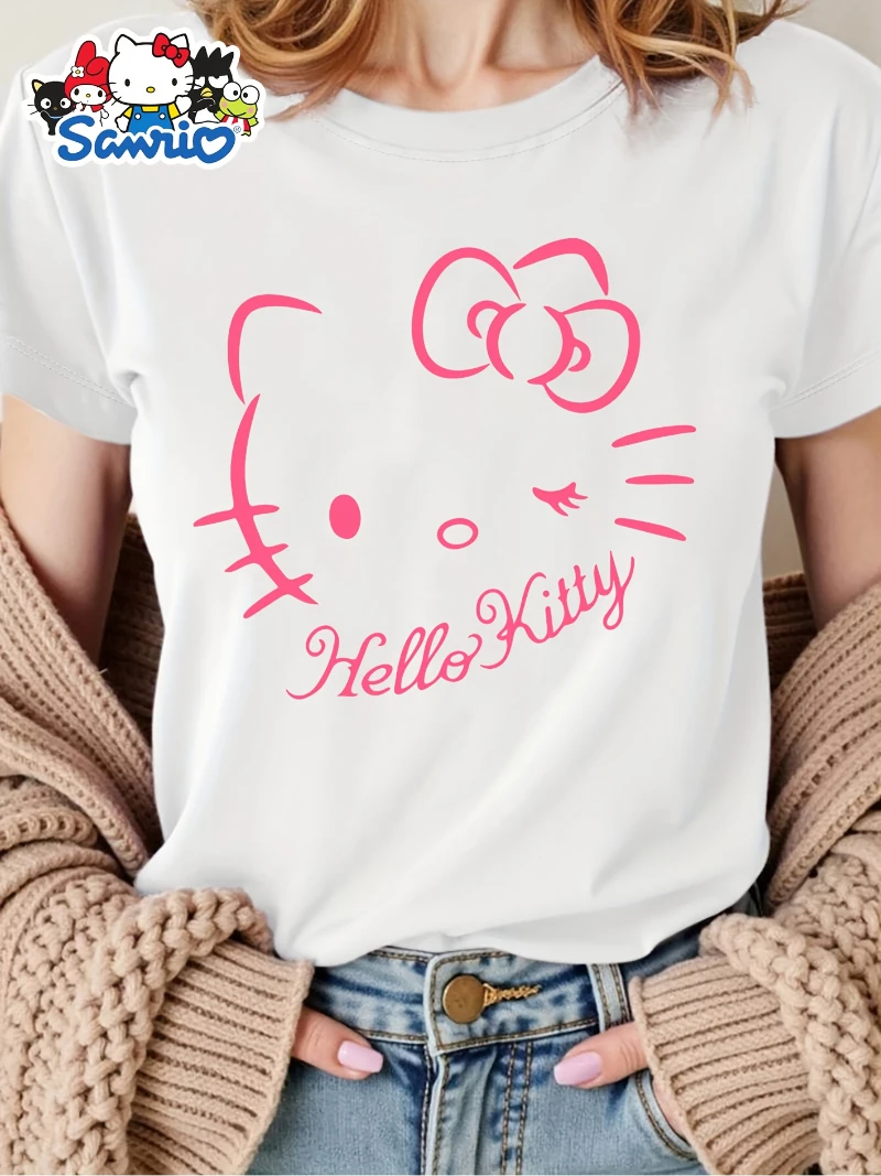 تي شيرت نسائي بأكمام قصيرة من Hello Kitty Sanrio لعام 2025 باللون الأبيض والوردي الفاخر الراقية لكل من الرجال والنساء Y2k