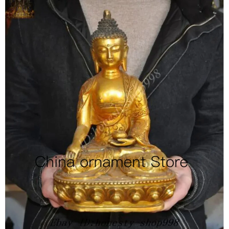 

12" Old Tibetan Bronze gilt Shakyamuni Medicine Buddha bhagavan Bhaisajya Statue