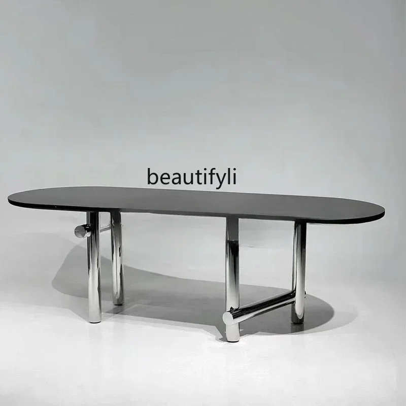 

ljySimple modern matte rock slab dining table creative stainless steel art multi-person light luxury oval negotiation table