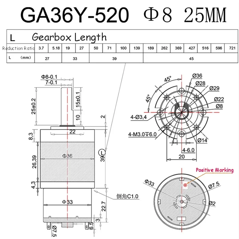 GA36Y-520 DC Brushed Geared Motor 8~1621RPM 0.1~25KG.CM High Torque 8mm Shaft 6.5/7W Speed Micro Planetary Gear Motor