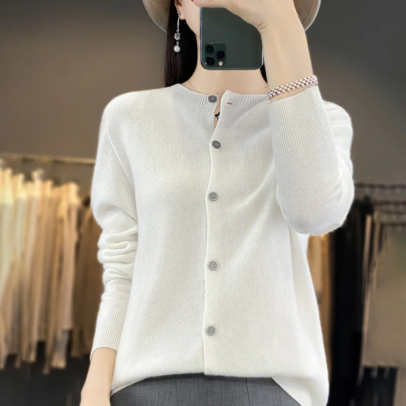 Spring, Autumn and Winter 100% Merino Wool Ladies Round Neck Sweater Cardigan Basic Long-sleeved Knit Cardigan Women\'s Short Top