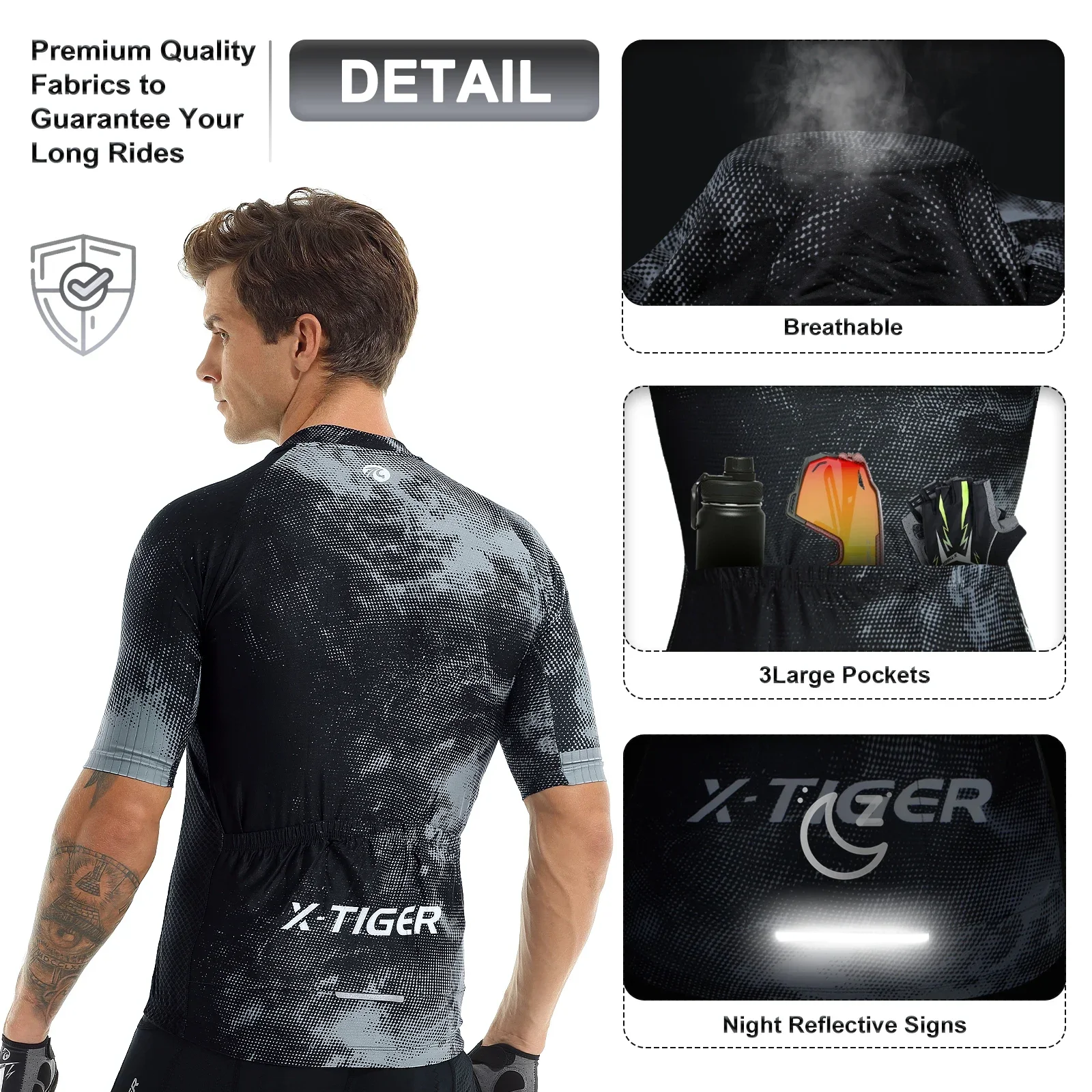 Ｘ-TIGER Cycling Jersey Men Short Sleeve Cycling Fit Lightweight Fabric Simple Chinese Style Cycling Shirt with 4 Back Pockets