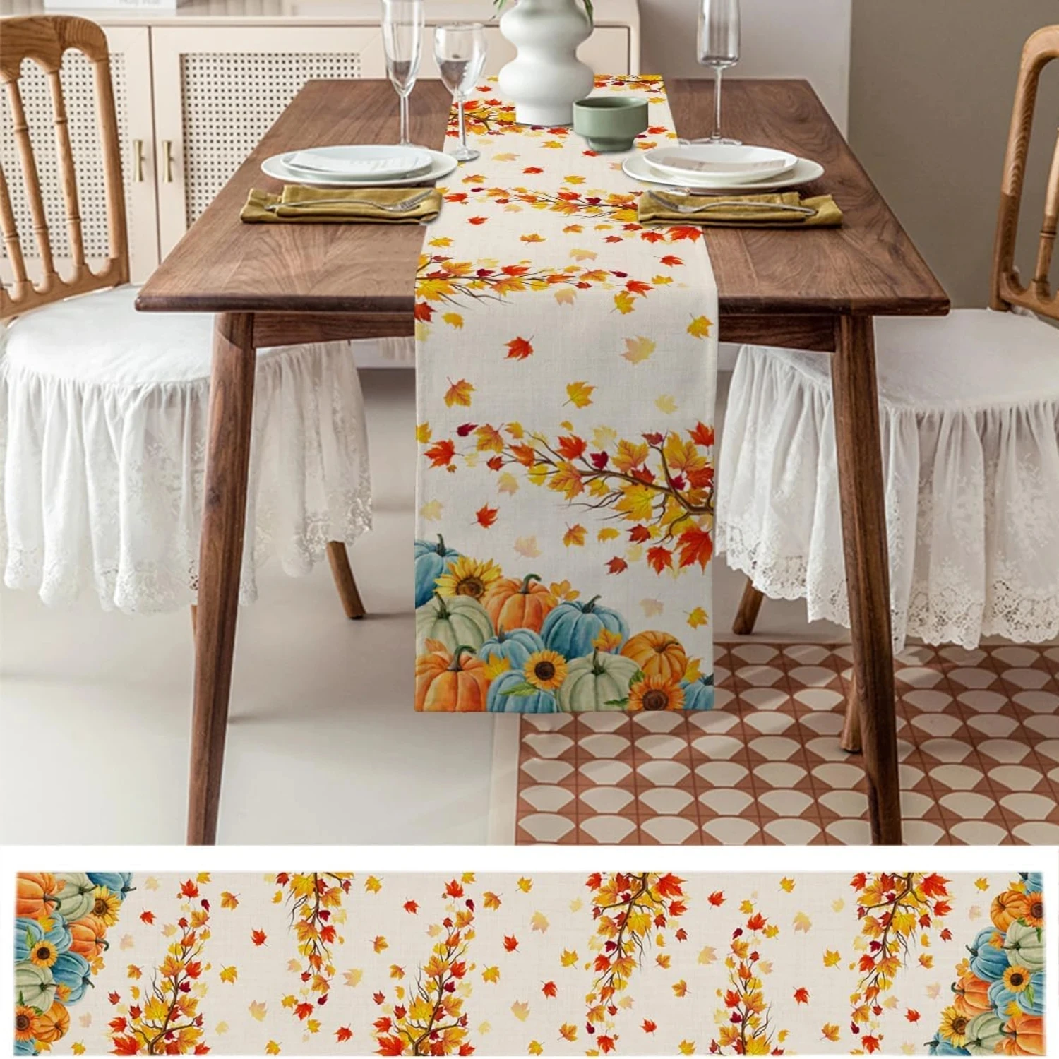 Fall Colorful Pumpkins Maple Leaves Linen Table Runner Autumn Thanksgiving Sunflowers Table Runners Holiday Kitchen Party Decor