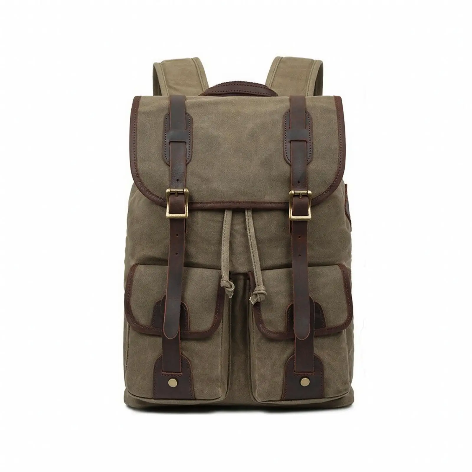 Multifunctional Waxed Canvas Rucksack for Weekend Trips Sports Backpack with Top Layer Cowhide Trim and Spacious Main Pocket