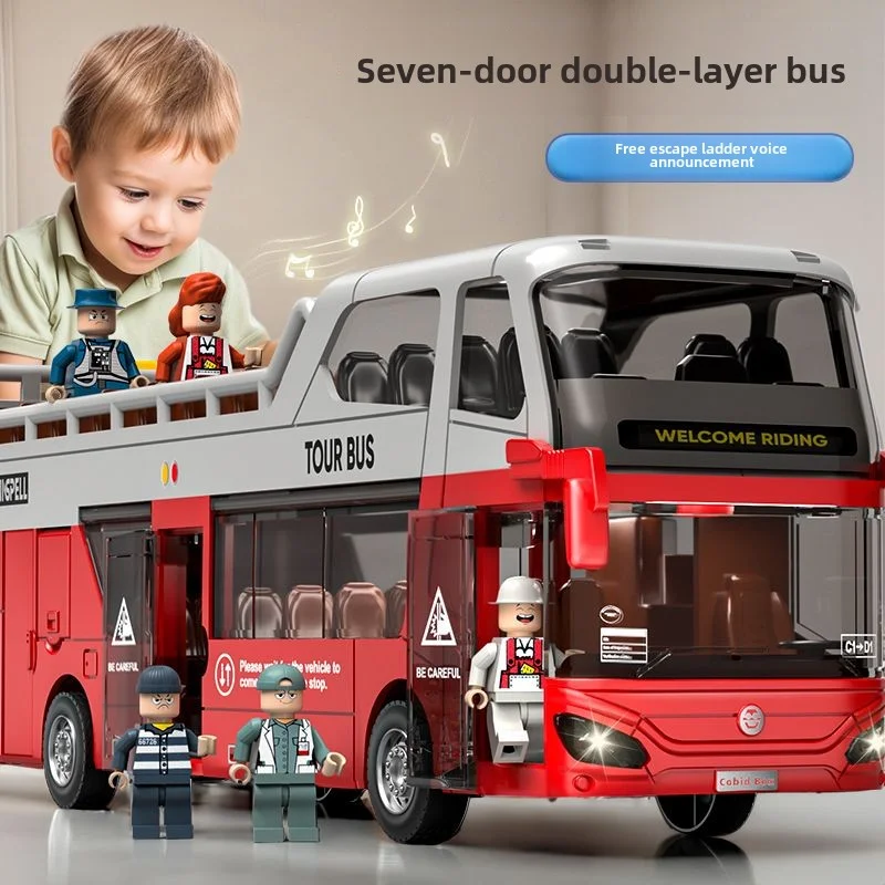 Large open-top double-decker bus bus model children's toy car can open the door sightseeing bus school bus