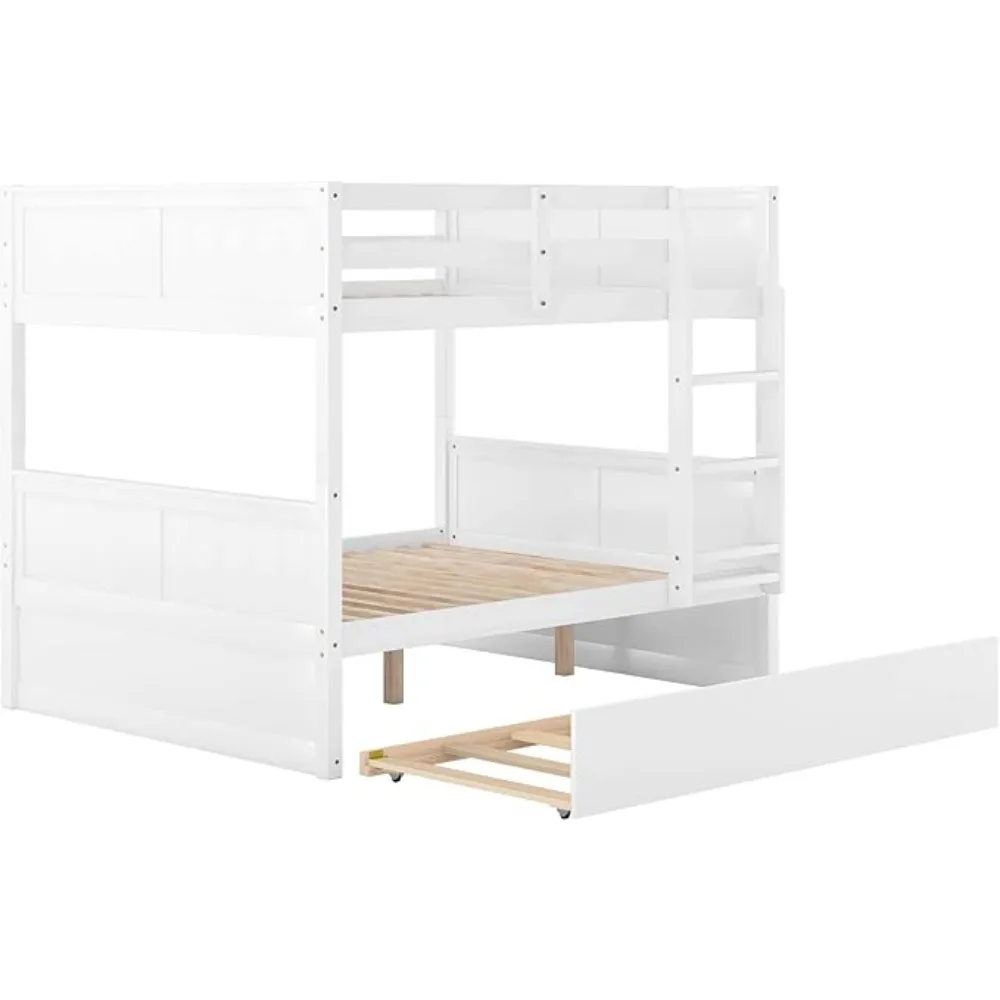 Full Over Full Bunk Beds with Trundle for Teens Solid Wood Bunk with Headboard and Footboard, Convertible to 2 Beds