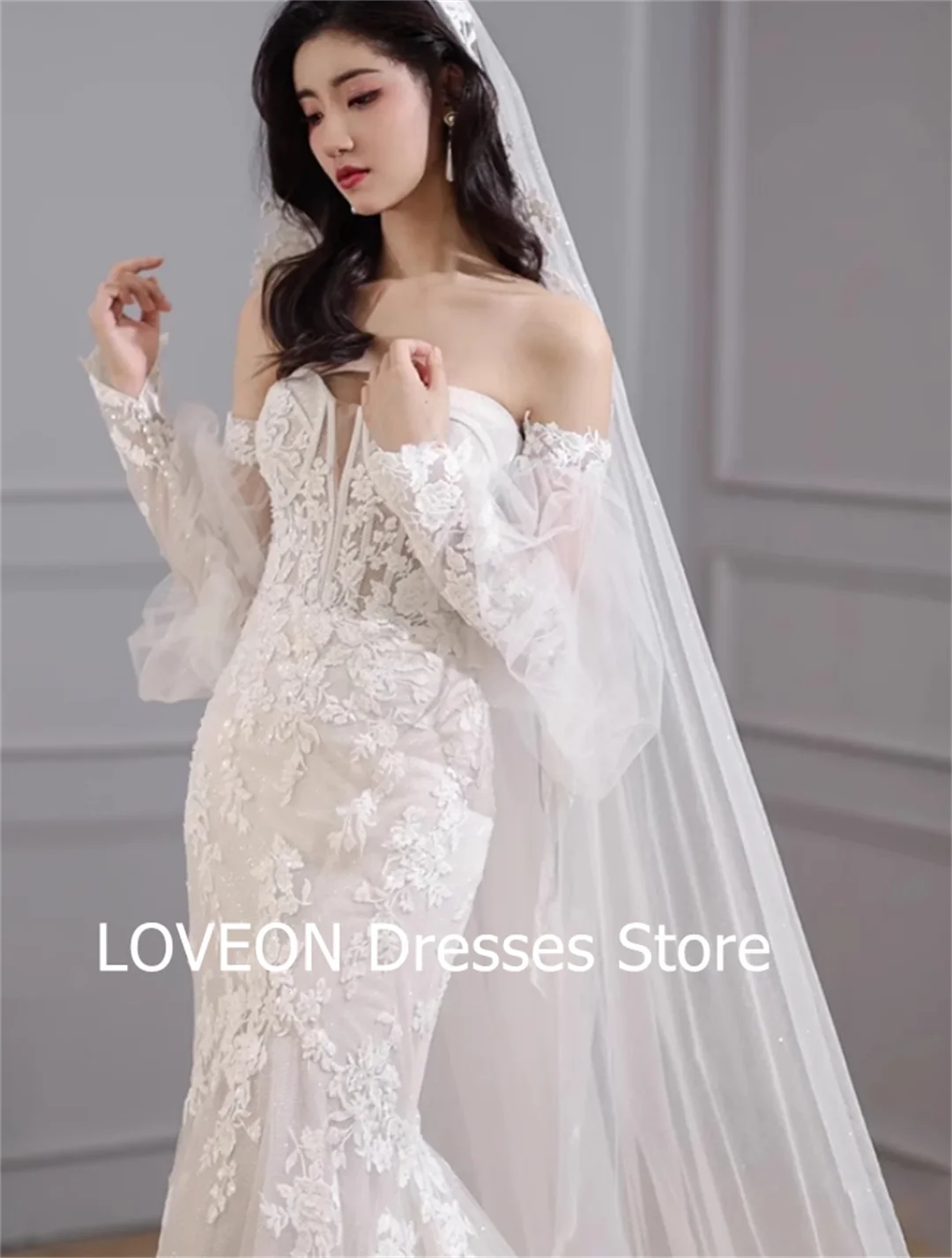 GIOIO Sweetheart Puff Sleeves Lace Wedding Dresses Court Train 프롬드레스  Korea Mermaid Pretty Ivory Bride Gowns Party Women Bride