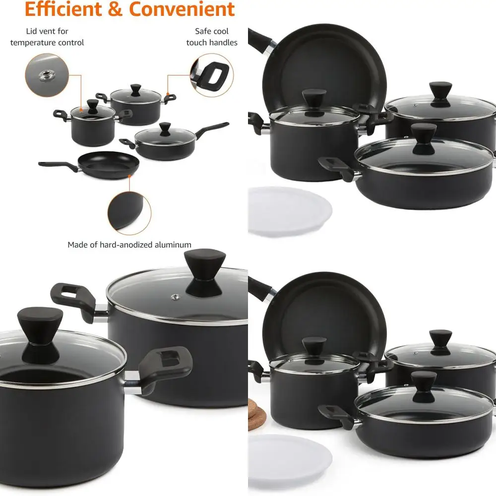

Space-Saving 10-Piece Black Hard Anodized Non-stick Stackable Cookware Set
