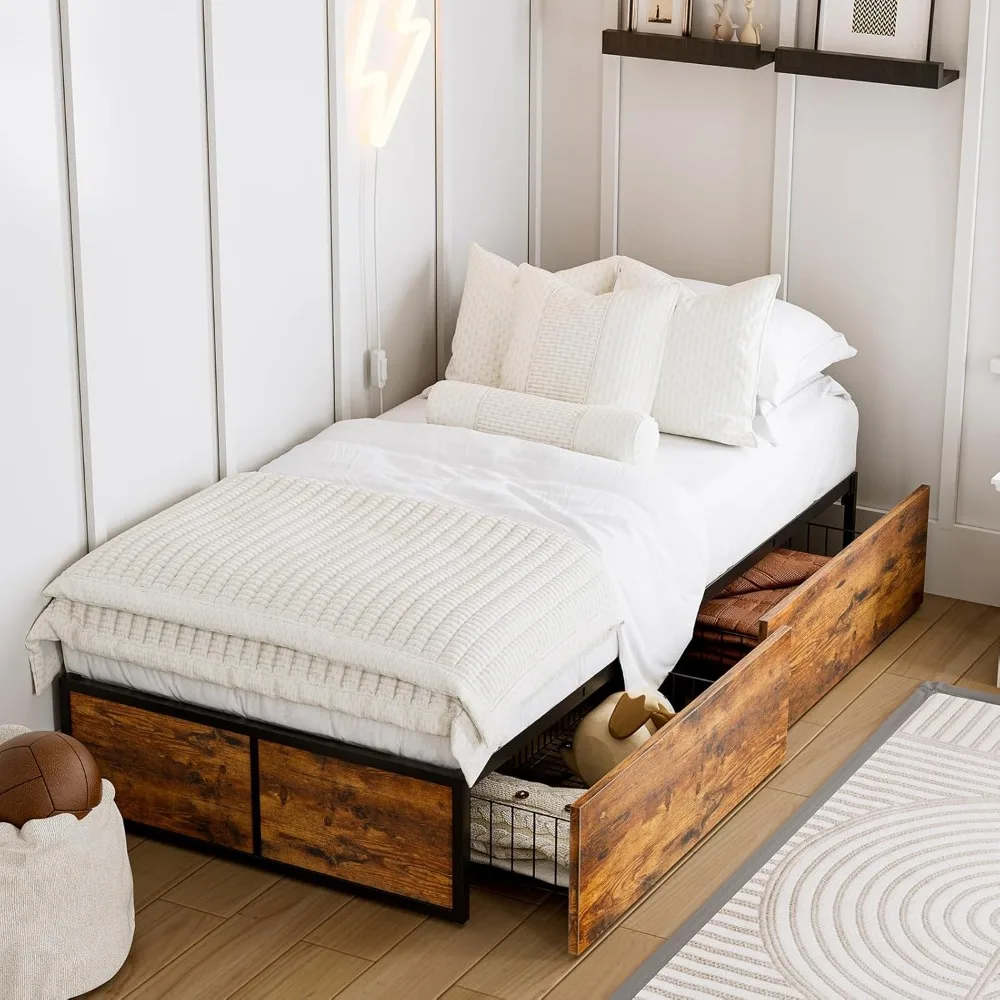 إطار سرير معدني مزدوج الحجم مع أدراج تخزين XL ولوح للقدمين، وسرير بمنصة دعم قوية