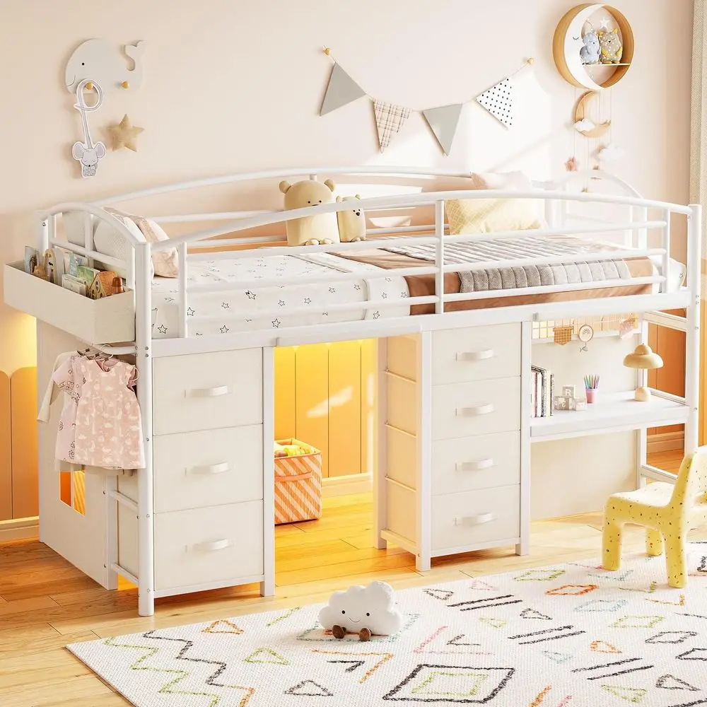 Low Lot ed Twin Size with 7 StoraDers, Desk and LED Lights, Heavy Duty Metal Kids Lot ed with 13.8H Saety Guardrail, Anti-Collis