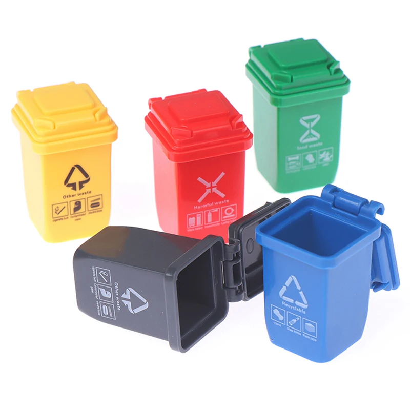 5pcs 1:12 Dollhouse Miniature Trash Can Garbage Sorting Flip-top Trash Can Model Accessories Simulation Furniture Toys