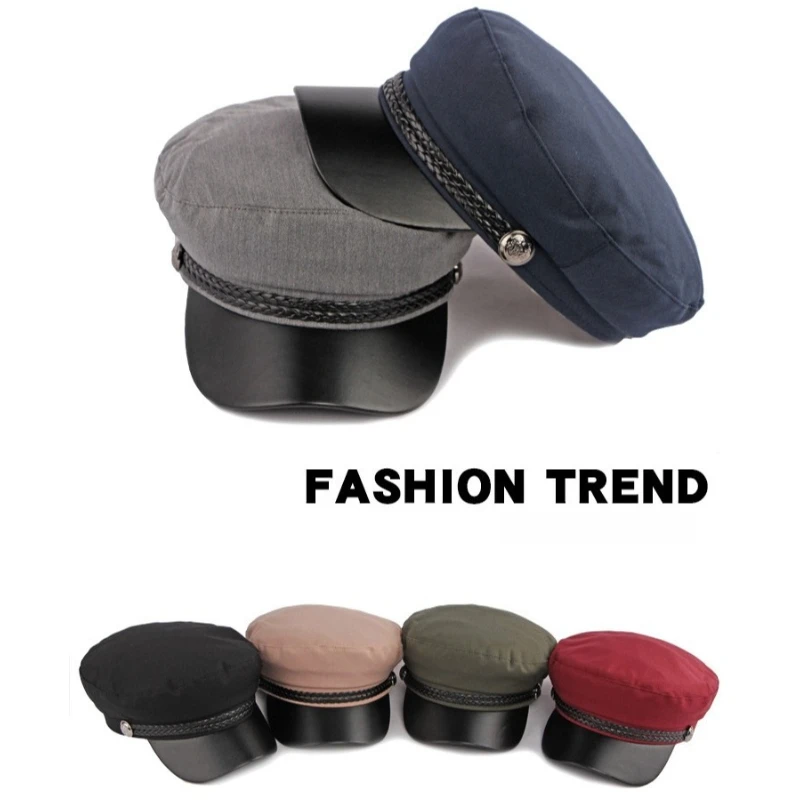 Vintage Navy Captain Hat Braided Rope Decor Newsboy Cap Faux Leather Brim Sailor Hat Fashion Casual Outdoor Travel Military Hat