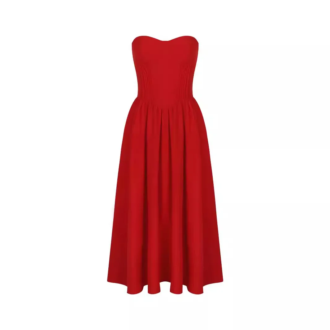 

Sexy Strapless Tube Top Ruched Open Back Tea Length Prom Party Dress Red