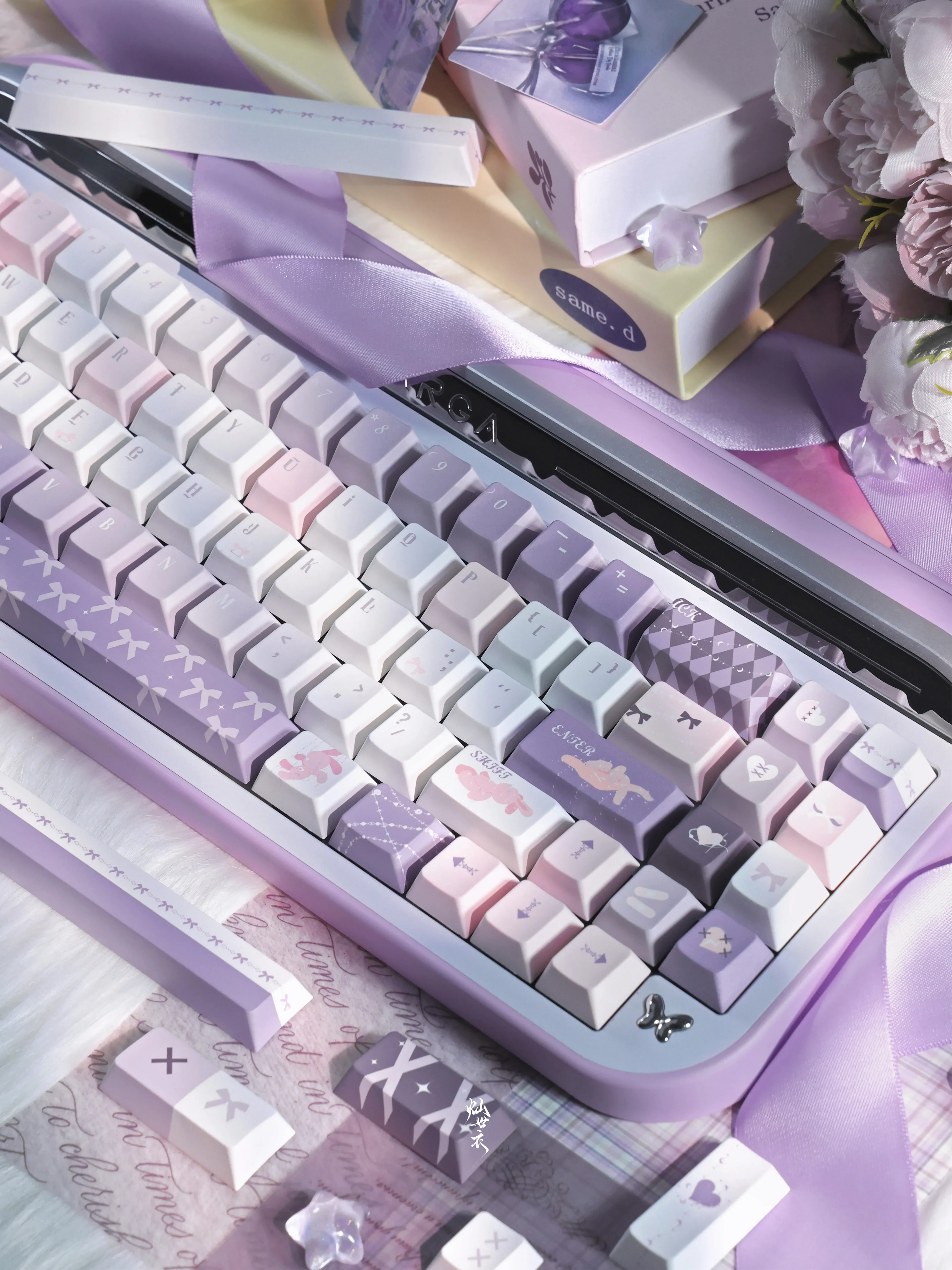 Wire Lifting Plush Keycap Cherry Pbt Five Sided Sublimation Keycap 7U/Split Space Iso Layout 150Keys Gradient Purple Keycap