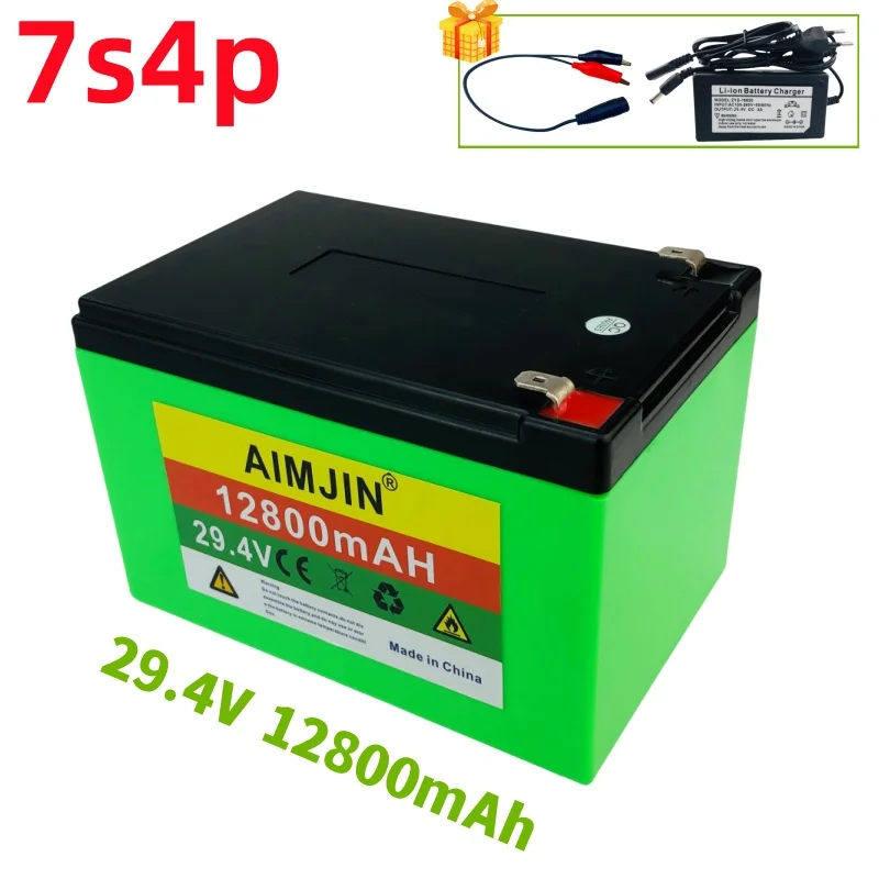 29.4V 7S4P 12.8Ah high-power 24V18650 lithium battery, suitable for electric bicycles with BMS and charging clip