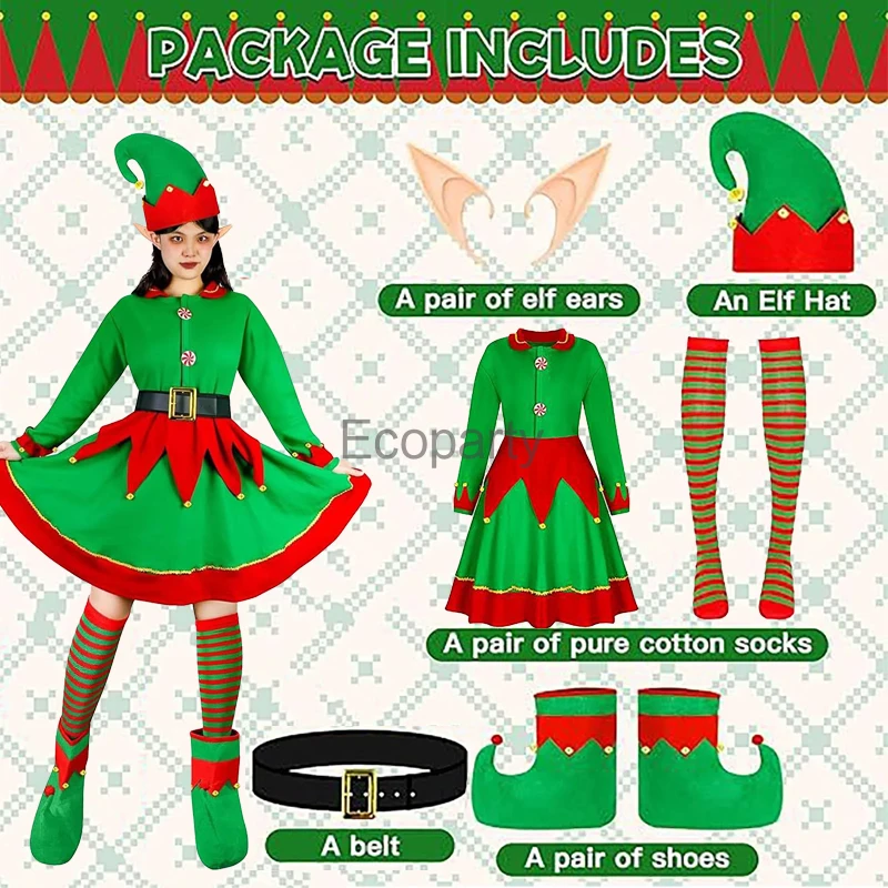 New Women Christmas Elf Costume Santa Claus Assistant Cosplay Costumes Female Xmas Party Outfits Dress with Hat Shoe Cover Suit