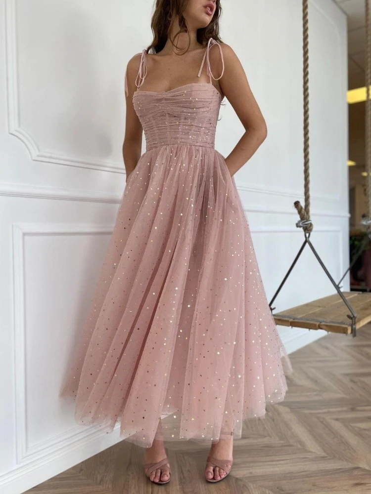 Vestidos de graduación sin mangas con tirantes finos, sencillos y elegantes, personalizados, dulce y exquisito vestido con apliques de lentejuelas y estrellas en cascada