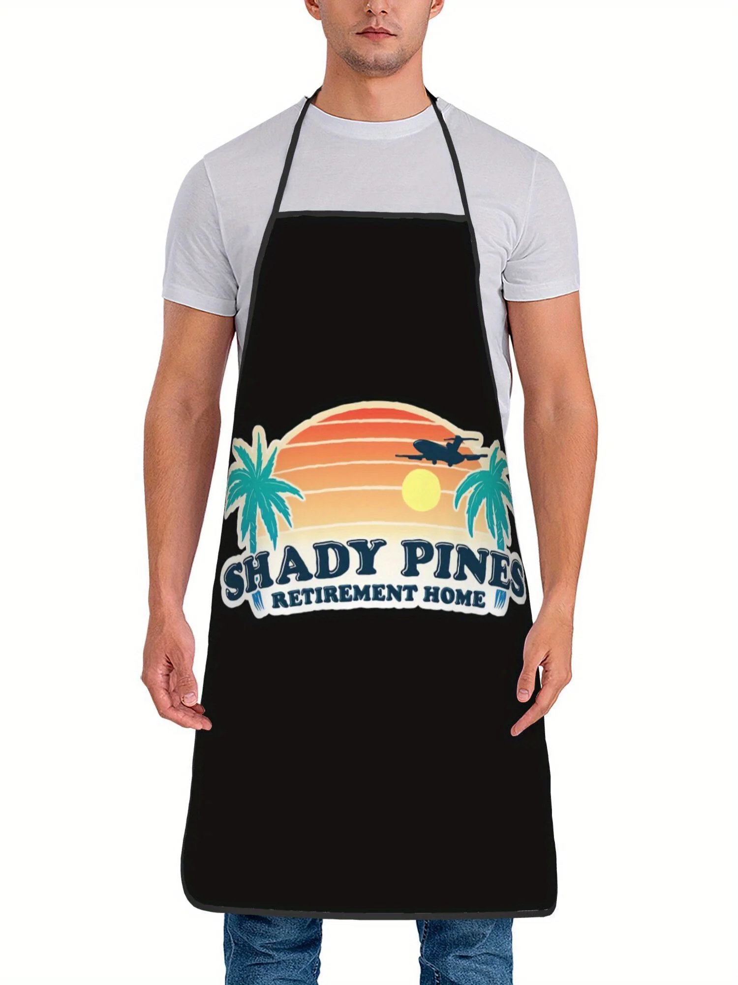 Retro Tropical Sunset Airplane Shady Pines Slogan Pattern Stain Resistant Apron Home Grilling Uniform Show Fan Birthday Present