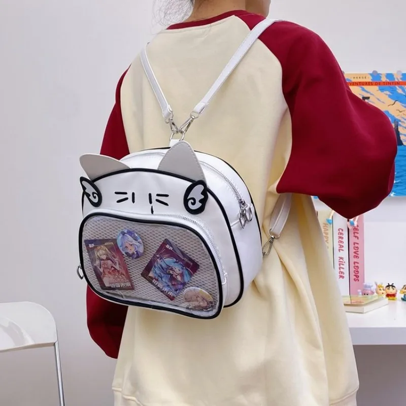 Y2K Bag Japanese Kawaii Cat Backpacks for Girls Sweet Cute Ear Design PU School Bag Popular Transparent Crossbody Bag Bolsa