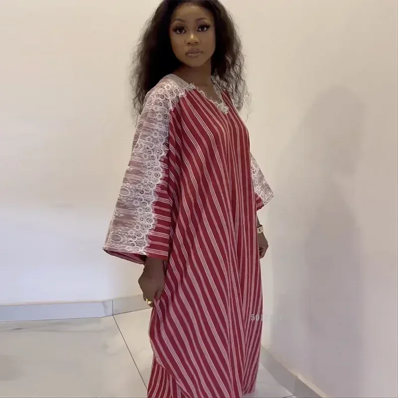 

Женское кружевное длинное платье в полоску с v-образным вырезом и отделкой, юбка до щиколотки с длинными рукавами, модная летняя одежда 2025, трансграничная одежда