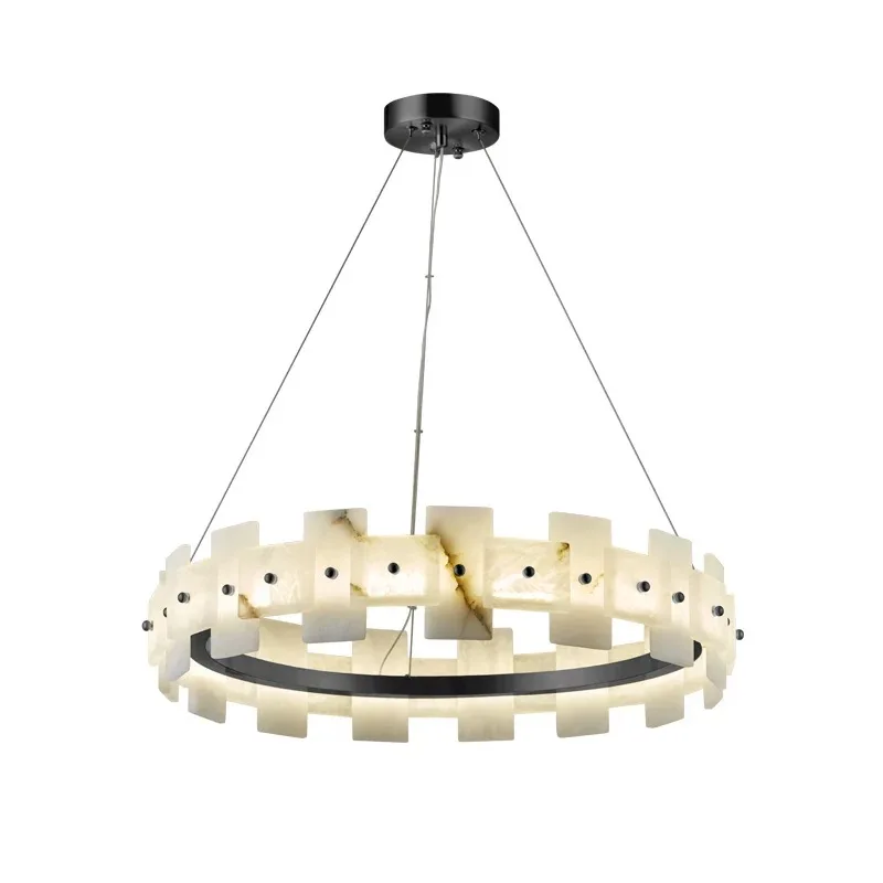 

2025 New Designer Spanish Marble Round Chandelier Brass Black Bronze Adjustable Pendant Lamp Ceiling Luster Living Room
