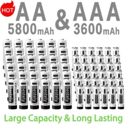 New 1.5V AA 5800mAh+AAA 3600mAh Rechargeable Lithium Batteries Fast Charging Li-ion Battery 2000 Cycles with Free USB-C Cables