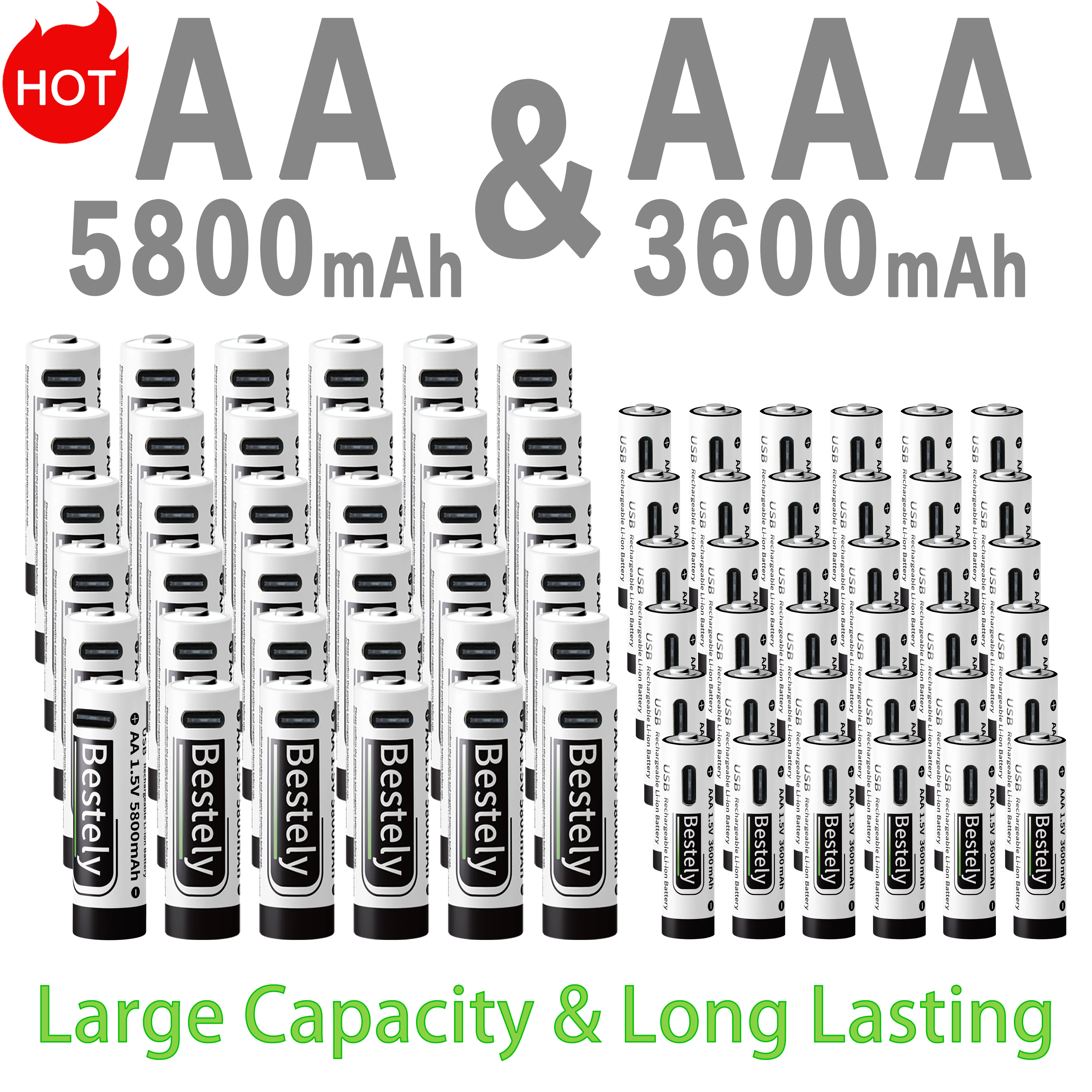 New 1.5V  AA 5800mAh+AAA 3600mAh Rechargeable Lithium Batteries Fast Charging Li-ion Battery 2000 Cycles with Free USB-C Cables