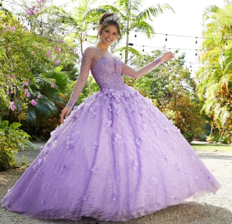 

Customized Princess Lilac Long Sleeve Quinceanera Dress 2024 Ball Gown Crystals Beading Sweet 16 Dress Vestidos De 15 Años YQD41