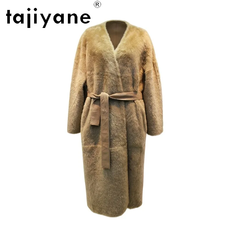 TAJIYANE Baby Lacon Lamb Shearling Real Fur Coat Women V-neck Overcoat Bath‑robe Style Fur Jacket Mid Length Outerwear Шуба 2026