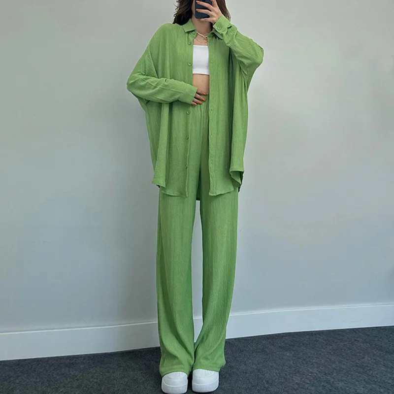 

Green Causal Loose Loungewear Women Long Sleeve Blouse with High Wasit Pants Set Elegant Female Pajamas 2 Piece Pant Set Pijama