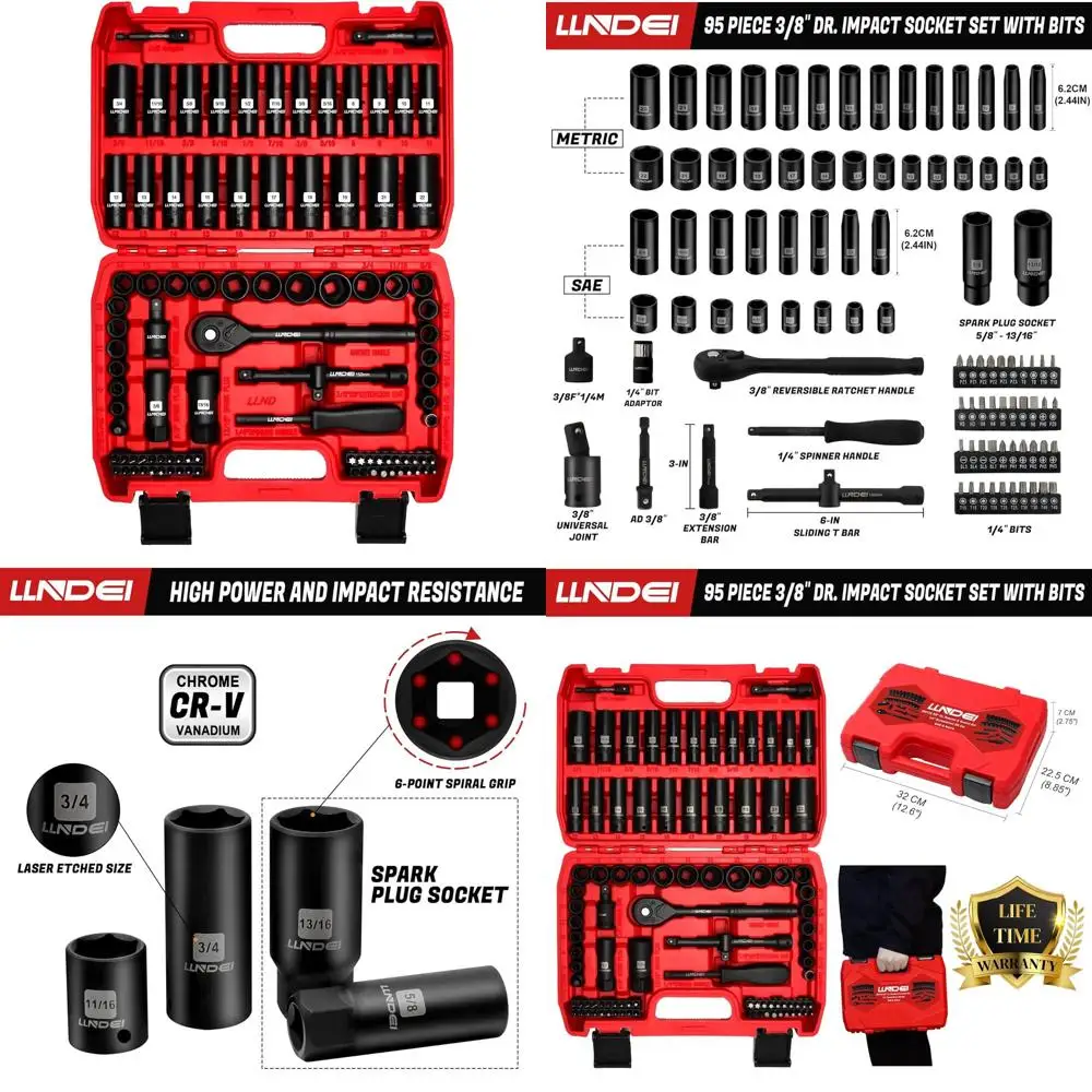 

95-Piece 3/8 Drive CR-V Steel Impact Socket Set, SAE & Metric, 6-Point, with Adapters & Ratchet