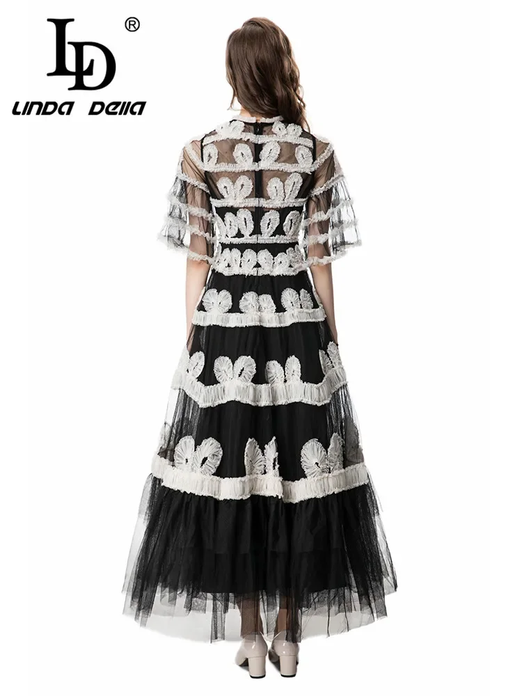 LD LINDA DELLA 2024 New Style Runway Designer Elegant Dress Women's TemperamentNet Yarn Edible Tree Fungus Sexy Princess Dresses