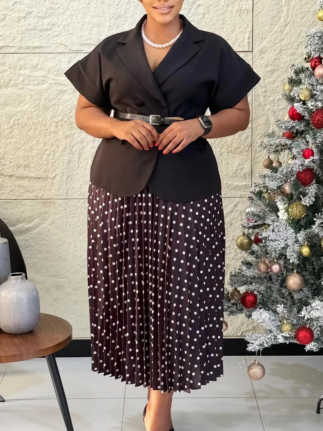 Women's Summer Formal Collar Suit Short-Sleeved Top Polka Dot Pleated Midi Skirt Set Elegant Business Casual Outfit