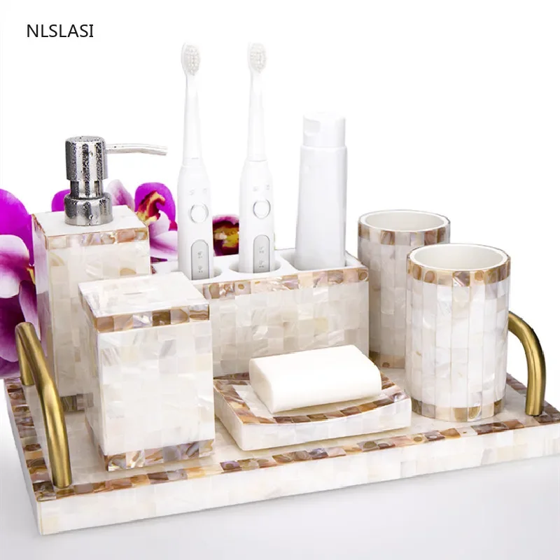 

Five Piece Set Nordic Shell Series Resin Bathroom Accessories Set Soap Dispenser Toothbrush Holder Gargle Cup Soap Dish Tray