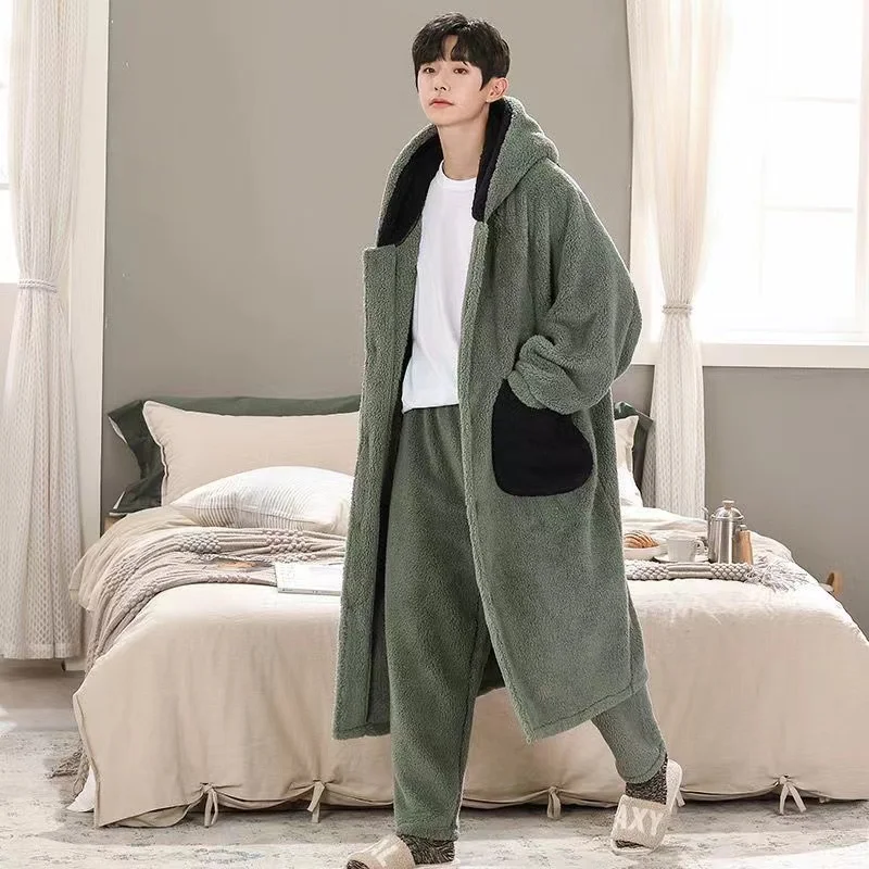 Korallen vlies Pijama setzt Männer Winter verdicken warmen Bademantel passt zwei Stück Kapuze Hauskleidung männliche Lounge wear Nachtwäsche