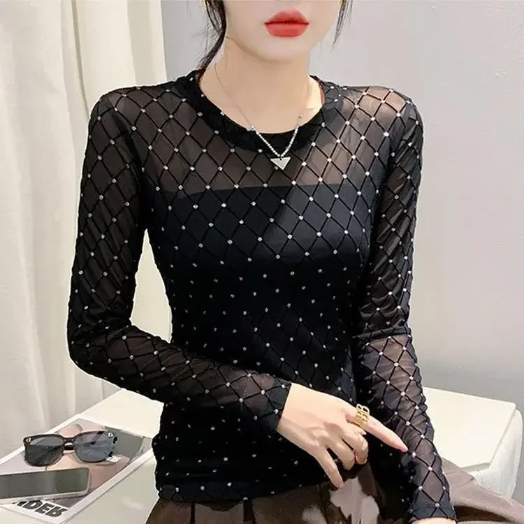 Sexy Mesh T-Shirt Women's Long Sleeve with Rhinestones Autumn Top Ins Design Sensibility Slims You Smooths Your Silhouette Breat