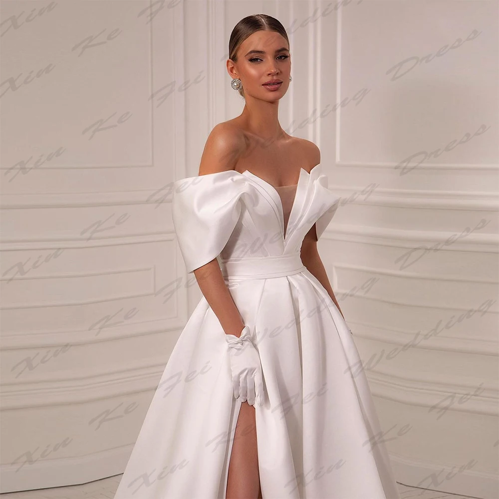 Simple New Wedding Dresses Mermaid Off Shoulder Fluffy Short Sleeved High Slit Fluffy Princess Style Mopping Party Bride Gowns