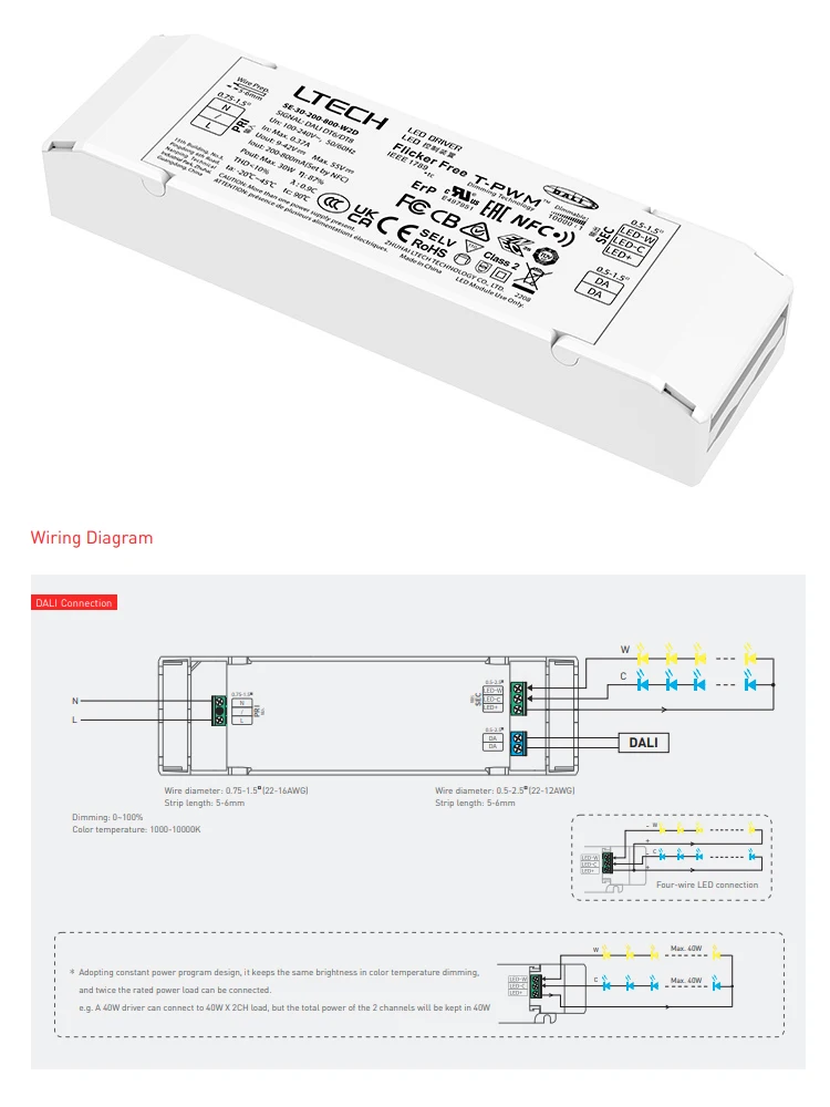 LTECH DALI CC Dimming Driver,100-240V Input 12W 100-500mA 20W 100-700mA NFC DT6/DT8 Tunable White Constant Current Power Supply