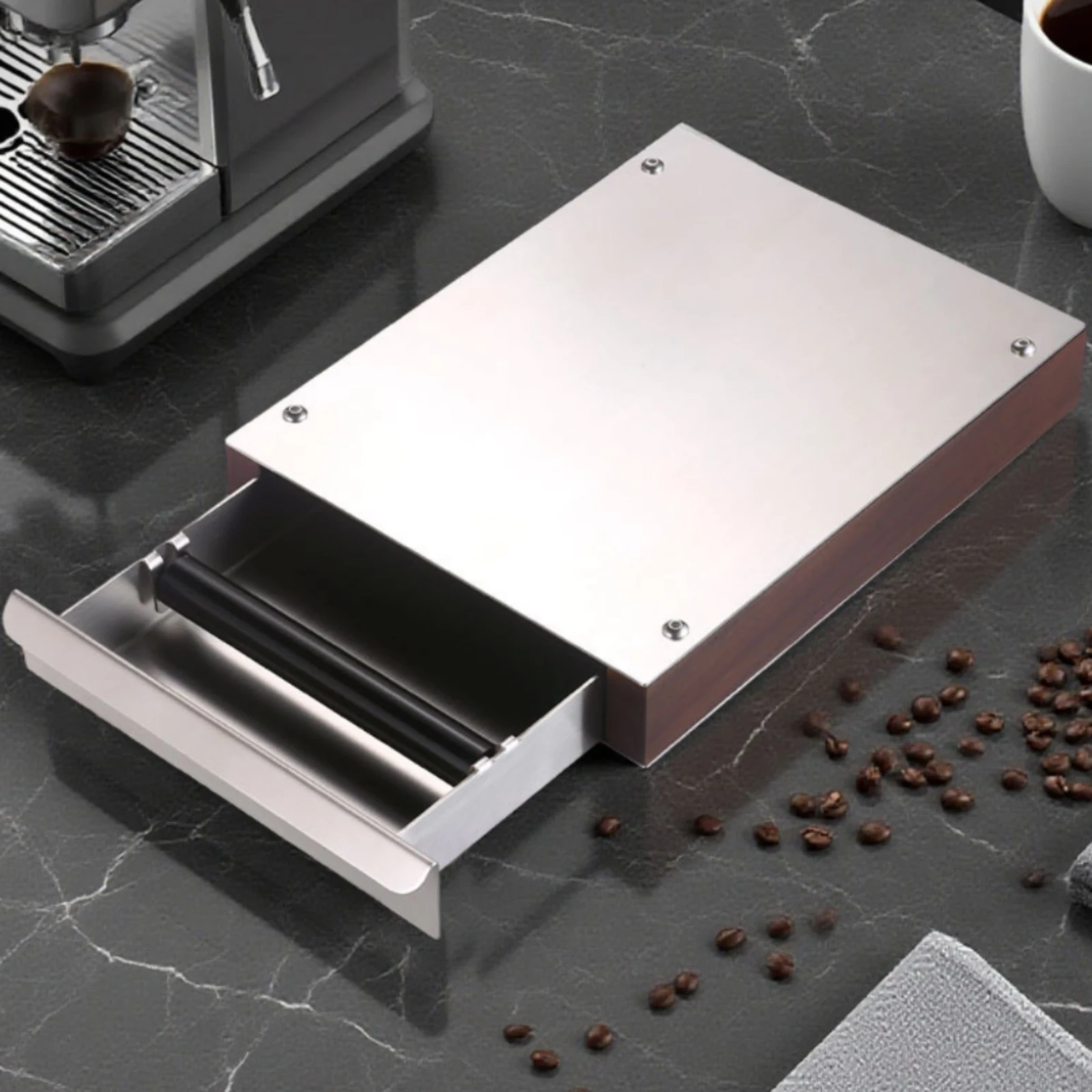 Drawer Coffee Knock Box Visible Corner Fasteners Walnut Wood Knock Box Coffee Grounds Bin Metropolitan Minimalism Espresso Dump view 6