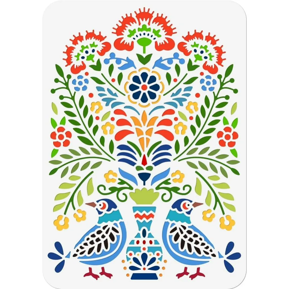 Folk Art Flower Stencil 11.7x8.3 Inch Polish Folk Ornament DIY Reusable Stencil Flower and Birds Drawing Templates for Painting