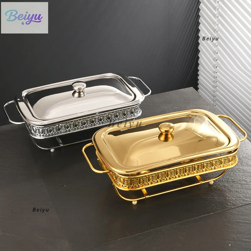 Golden rectangular glass dining stove Hotel buffet stove Restaurant alcohol stove Dry pot Food heating Insulation container