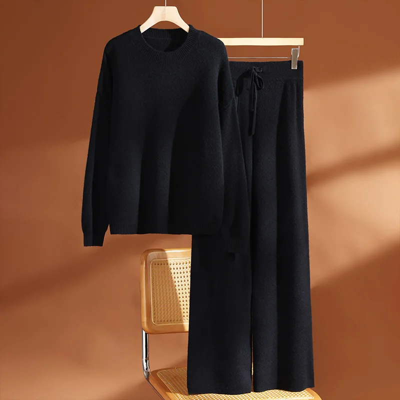 New Women Wool O-neck Pullover Wide Leg Pants Set 100% Wool Sweater Autumn Winter Casual Dropping Sleeve Knit Loose Top Trousers