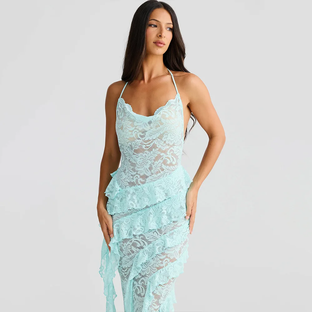 2025 Summer Autumn Sexy Lace Y2K Spicy Girl Dress Halter V-neck Backless Bodycon Evening Gown Maxi Dress Party Long Dress