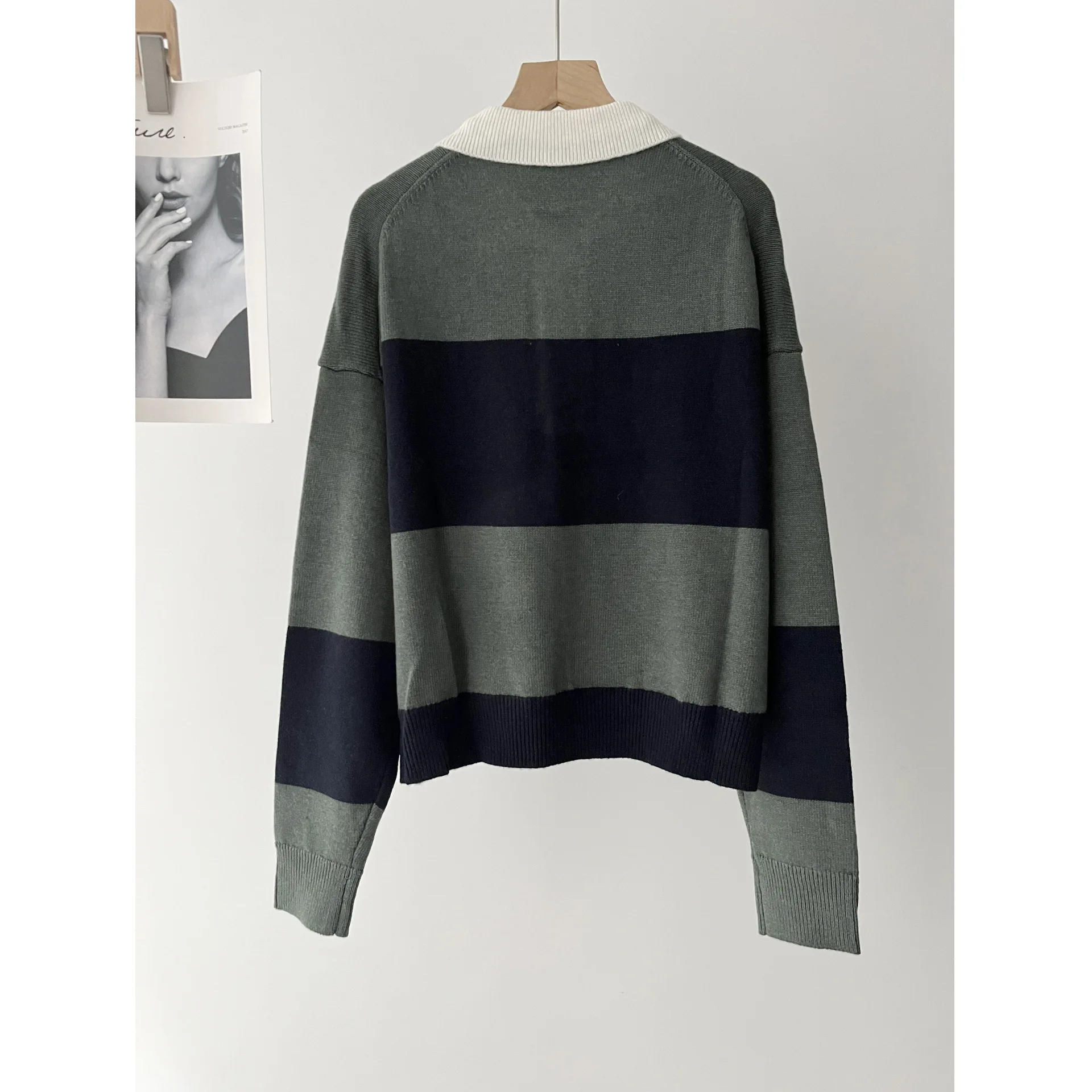 Women's Smart Commuter Striped Short Polo Shirt Neck Sweater Long Sleeve Knitted Sweater 16A