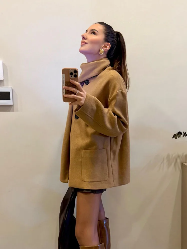 HH Women\'s Fashion Versatile Blended Scarf Round Neck Long Sleeve Jacket Female Elegant Warm Pocket Design 2-Color Outwear