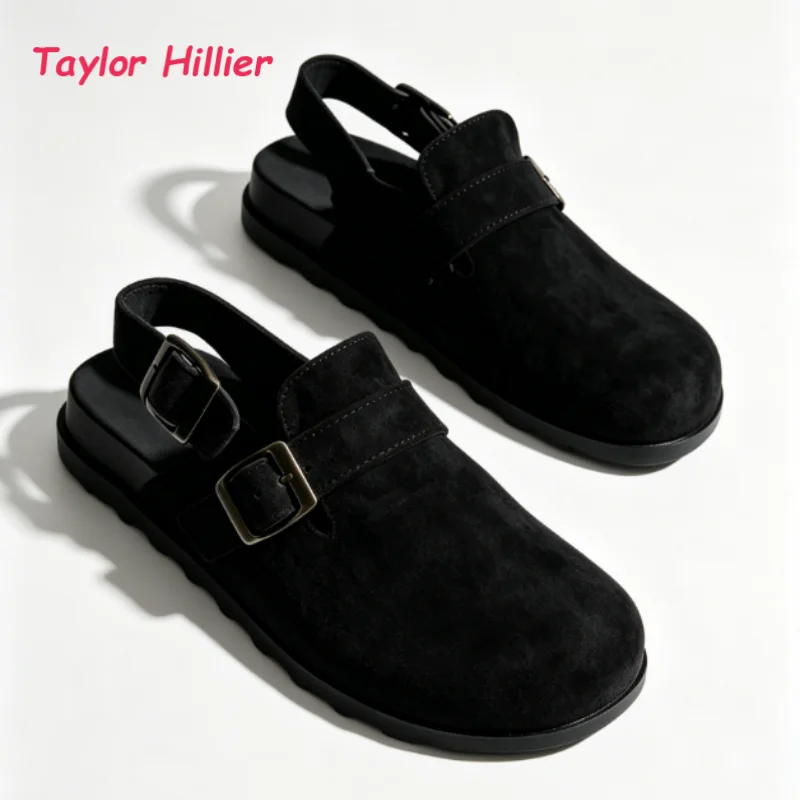 Round Toe Dual Buckle Slingback Mules Ladies Suede Flat Slip-On Outdoor Breathable Chic Daily Beach Casual Walking Commute Shoes
