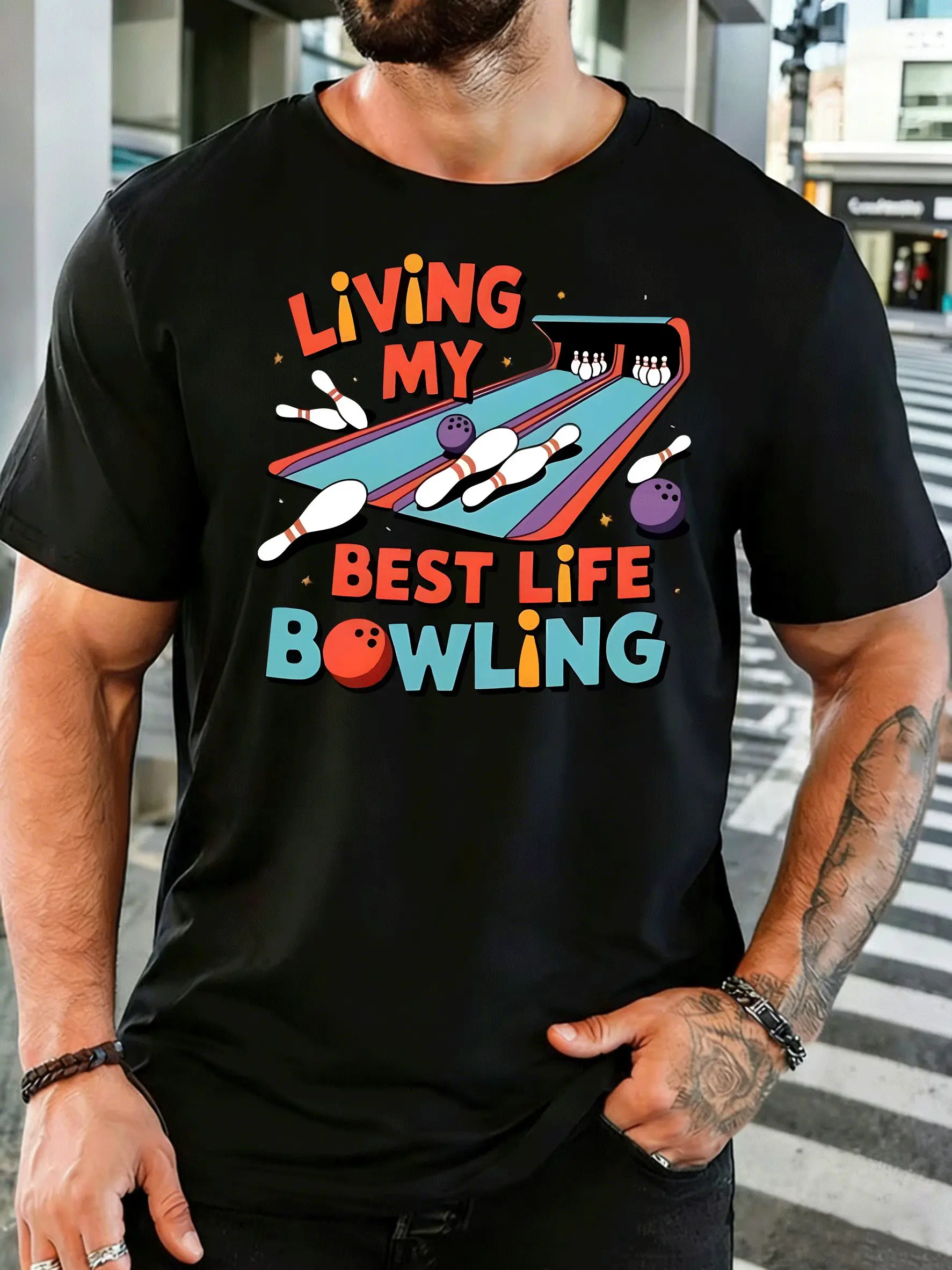 Living My Best Life Bowling Mens Front Print T Shirt Retro Bowling Lane Graphic Tee Short Sleeve Top Bowling Sports Fan Gift