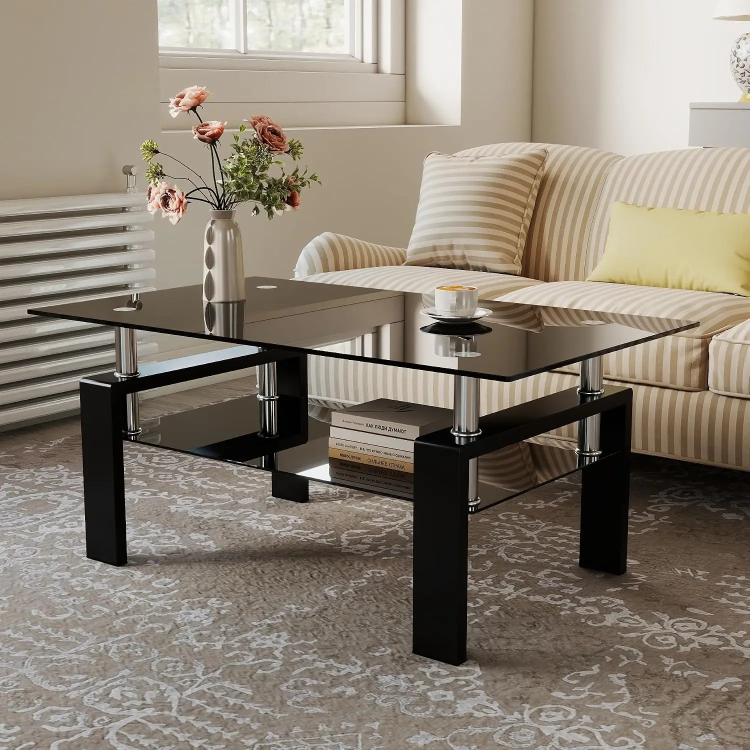 Modern Living Room Coffee Table, Glass Center Table, Black